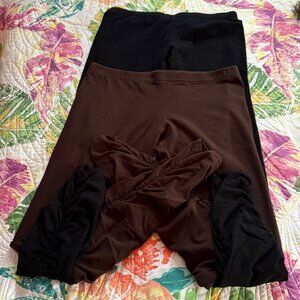 2 Pairs Pyramid Collection Ruched Ankle Stretchy Leggings Black & Brown Sz L